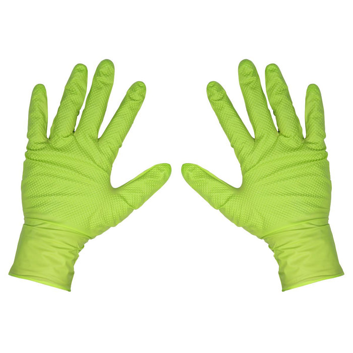 Diamond Grip Extra-Thick Nitrile Powder-Free Gloves Hi-Vis Green Large Pack  50 Sealey  - Dynamic Drive