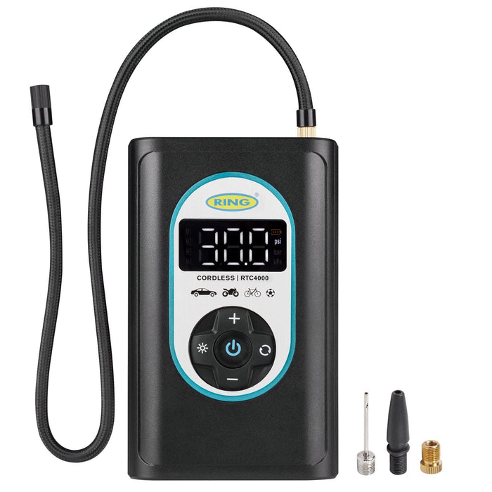 Ring Automotive RTC4000 cordless tyre inflator air compressor car pump. Recharge