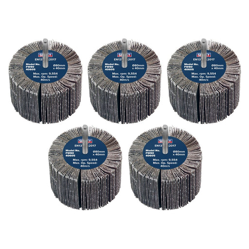 Sealey 80 x 40mm Abrasive Flap Wheel on 6mm Shaft 60Grit - Pack of 5 FW8040605 Sealey  - Dynamic Drive