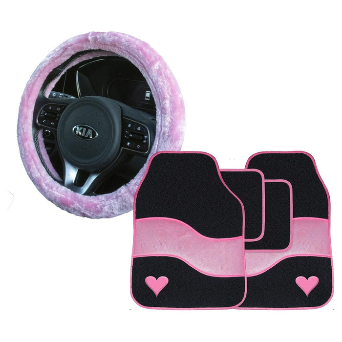 Pink Heart Car Floor Mats & Pink Fluffy Furry Steering Wheel Cover Set