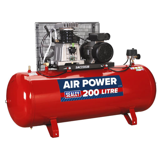 Sealey Air Compressor 200L Belt Drive 3hp with Cast Cylinders SAC2203B Sealey  - Dynamic Drive