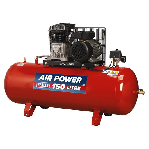 Sealey Air Compressor 150L Belt Drive 3hp with Cast Cylinders SAC1153B Sealey  - Dynamic Drive