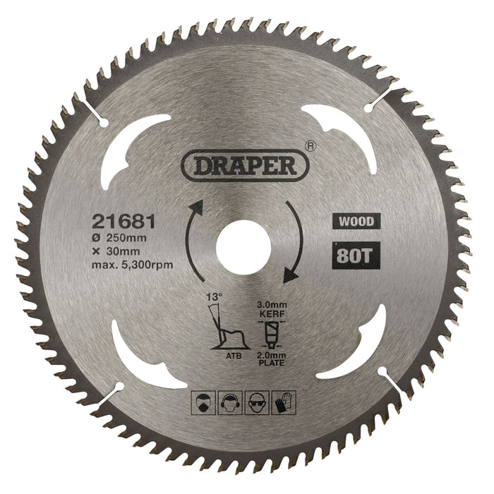 Draper TCT Circular Saw Blade for Wood, 250 x 30mm, 80T 21681 Draper  - Dynamic Drive