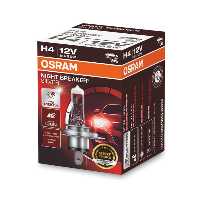 Osram NIGHT BREAKER SILVER H4, +100% more brightness, halogen headlamp, 64193NBS