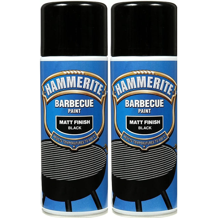 2x Hammerite BBQ Barbecue Spray Paint Aerosol 400ml Hi-Heat Matt Black Hammerite  - Dynamic Drive