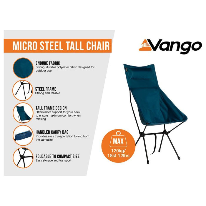 Vango Micro Steel Collapsible TALL Camping Chair with Storage Bag - Mykonos Blue Vango  - Dynamic Drive