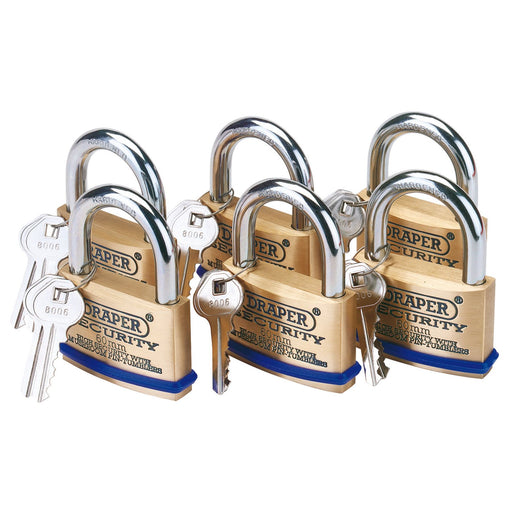 Draper Solid Brass Padlocks with Hardened Steel Shackle, 60mm (Pack of 6) 67663 Draper  - Dynamic Drive