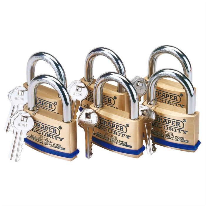 Draper Solid Brass Padlocks with Hardened Steel Shackle, 60mm (Pack of 6) 67663 Draper  - Dynamic Drive