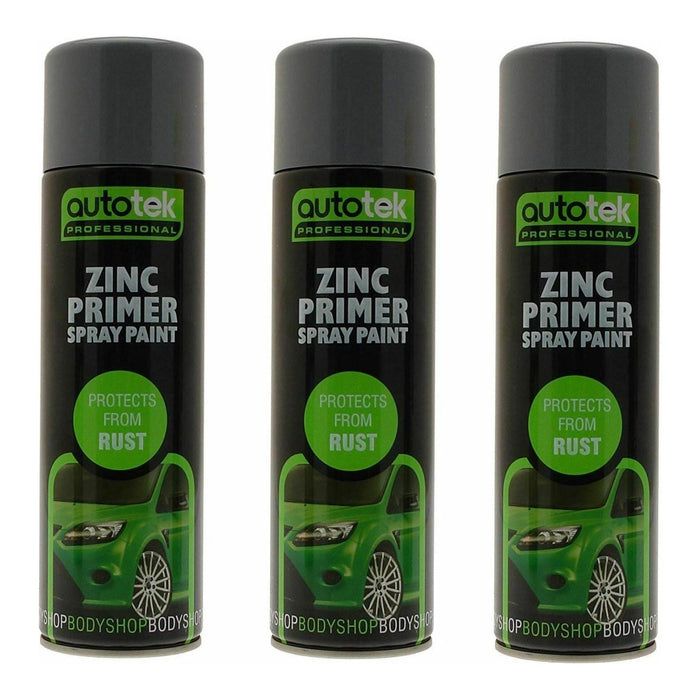 3x AUTOTEK Professional Zinc Primer 500ml Spray Paint High Coverage