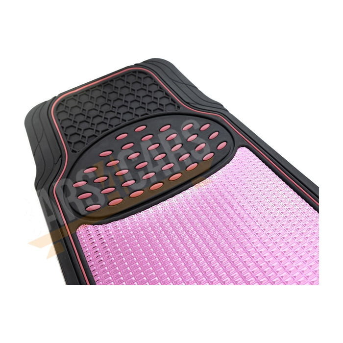 Shiney Pink Metallic Checker Style Car Heavy Duty Black Rubber Set of 4 Mats Set