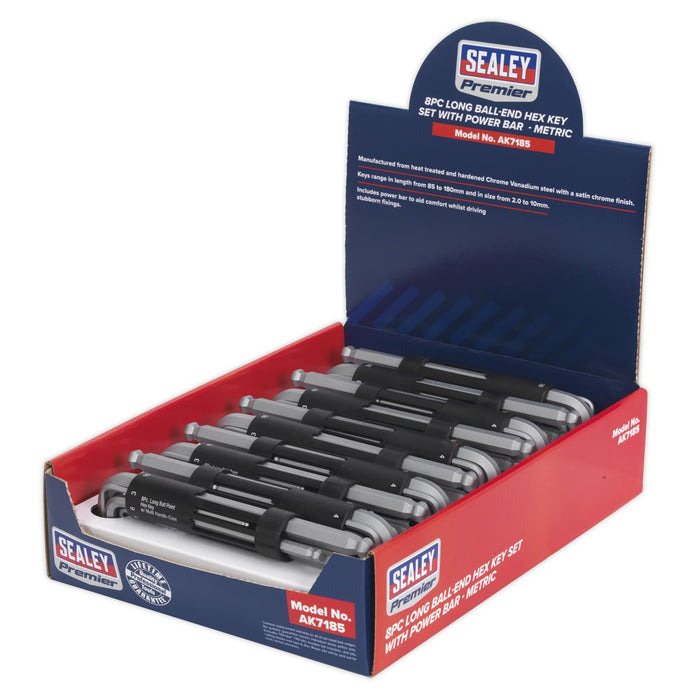 Sealey Ball-End Hex Key Set with Power Bar 8pc Long Display Box of 10 AK7185