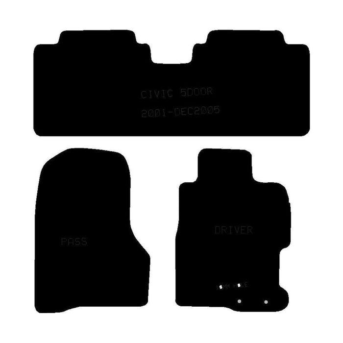 Tailored Rubber Car Mats for Honda Civic 01-06 5 Door Set of 3 With 2 Clips UKB4C  - Dynamic Drive