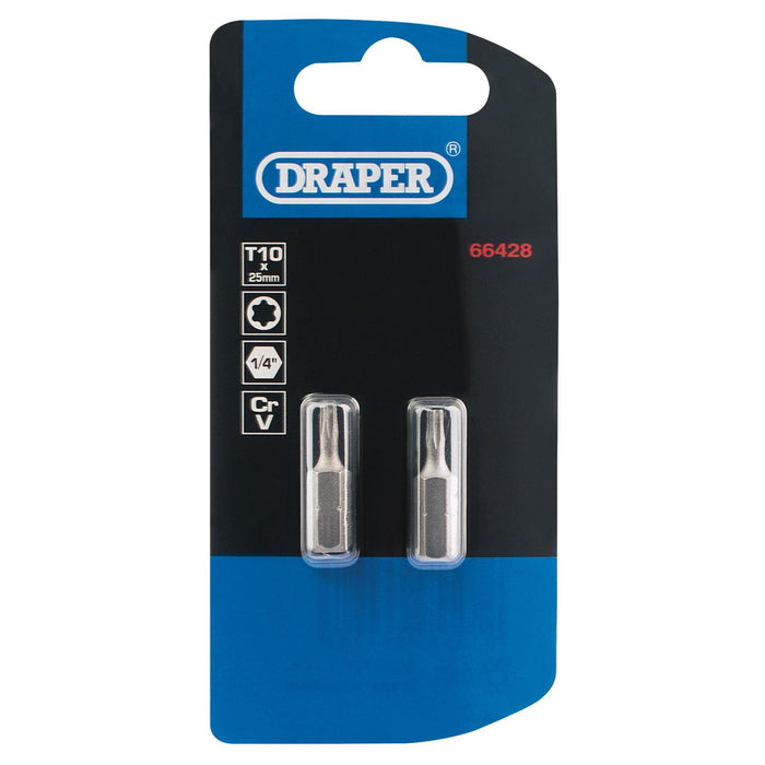 Draper TX-STAR Insert Bit, 1/4" Hex, 25mm Long, T10 (Pack of 2) Draper  - Dynamic Drive