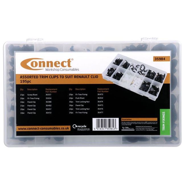 Connect Assorted Trim Clips to suit for Renault Clio 195pc 35984 Tool Connection  - Dynamic Drive