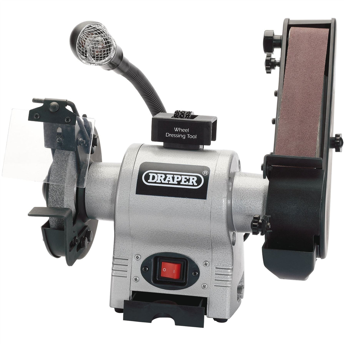 Draper Bench Grinder with Sanding Belt and Worklight, 150mm, 370W 05096 Draper  - Dynamic Drive