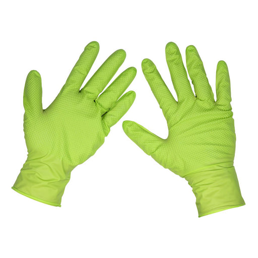 Diamond Grip Extra-Thick Nitrile Powder-Free Gloves Hi-Vis Green XL Pack of 50 Sealey  - Dynamic Drive