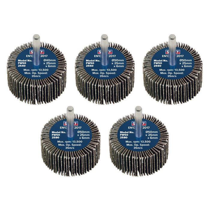 Sealey 50 x 25mm Abrasive Flap Wheel on 6mm Shaft Assorted Grit - Pack of 5 Sealey  - Dynamic Drive