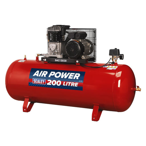 Sealey Air Compressor 200L Belt Drive 3hp with Cast Cylinders SAC1203B Sealey  - Dynamic Drive