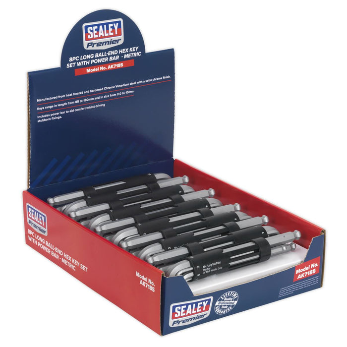 Sealey Ball-End Hex Key Set with Power Bar 8pc Long Display Box of 10 AK7185