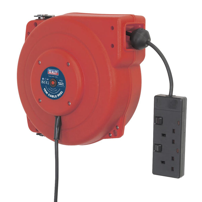 Sealey Cable Reel System Retractable 15m 2 x 230V Socket CRM15 Sealey  - Dynamic Drive