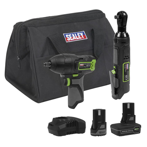 2 x SV10.8 Series Cordless Impact Wrench & Ratchet Wrench Kit 10.8V 2 Batteries Sealey  - Dynamic Drive