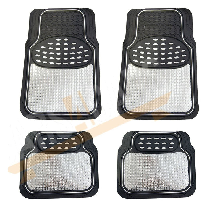 Shiney Silver Metallic Checker Style Car Heavy Duty Black Rubber Set of 4 Mats Set