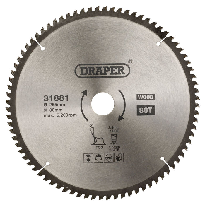 Draper TCT Triple Chip Grind Circular Saw Blade, 255 x 30mm, 80T 31881 Draper  - Dynamic Drive