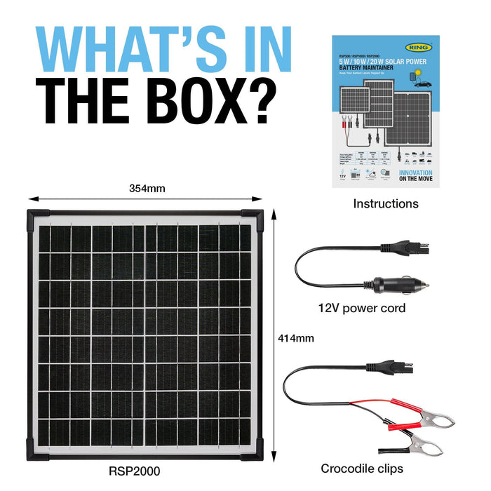 Ring Automotive RSP2000 20W Solar Panel Battery Maintainer 18v Monocrystalline C