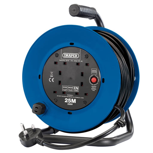 Draper 230V Heavy Duty Industrial Four Socket Cable Reel, 25m 02122 Draper  - Dynamic Drive