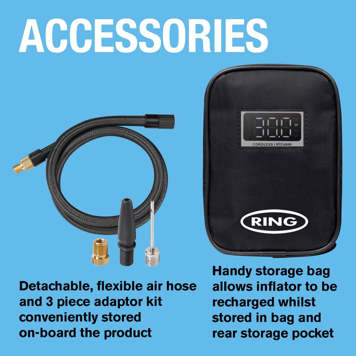 Ring Automotive RTC4000 cordless tyre inflator air compressor car pump. Recharge