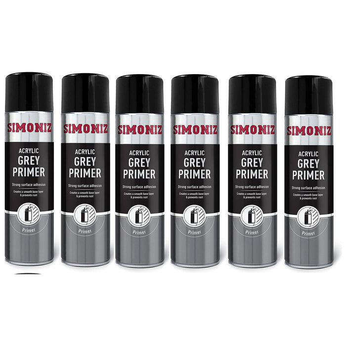 6 x  Simoniz Large Grey Primer Acrylic Aerosol Auto Car Spray Paint 500ml