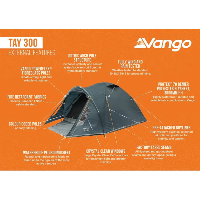 Vango Tay 300 Tent 3 Person Man Waterproof Outdoor Camping Hiking Festival Vango  - Dynamic Drive