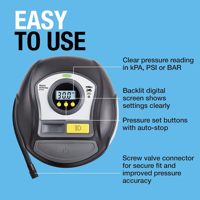 RTC450 Ring Digital Tyre Inflator Air Compressor Wheel Car Pump 12v Auto Stop