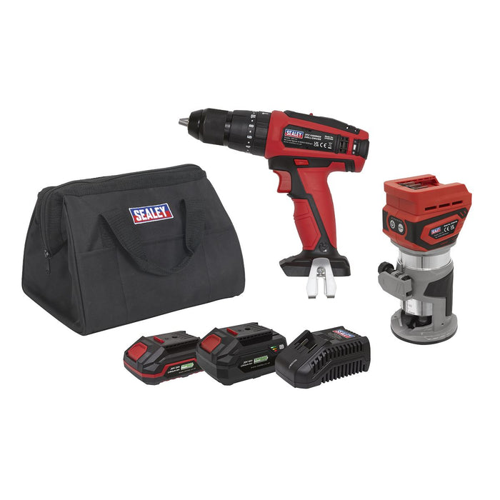 Sealey 2 x SV20 Series Cordless Router & Combi Drill Kit 20V - 2 Batteries Sealey  - Dynamic Drive