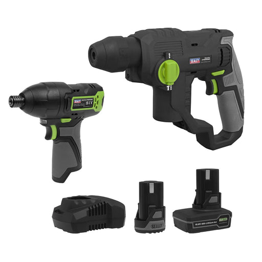 2 x SV10.8 Series Cordless Rotary Hammer Drill & Impact Driver Kit 10.8V 2 Sealey  - Dynamic Drive