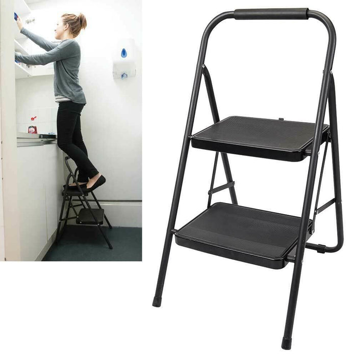 Foldable 2 Step Ladder Non Slip Tread Safety Steel Small Stool Ladders Kitchen