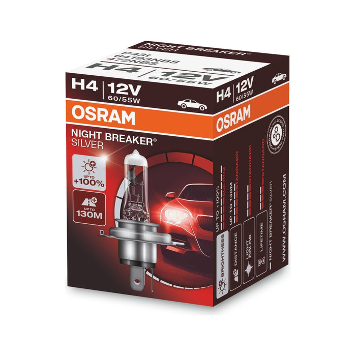 Osram NIGHT BREAKER SILVER H4, +100% more brightness, halogen headlamp, 64193NBS