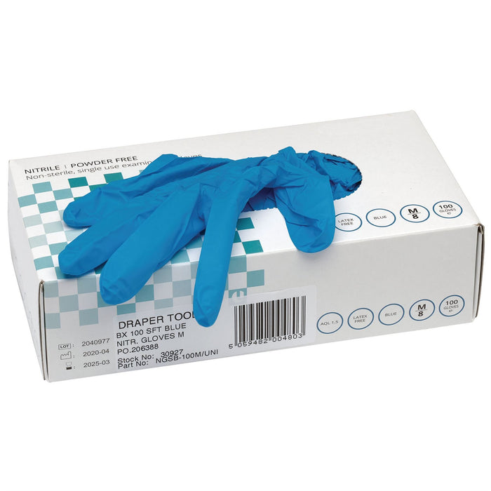 Draper Nitrile Gloves, Medium, Blue (Pack of 100) 30927 Draper  - Dynamic Drive