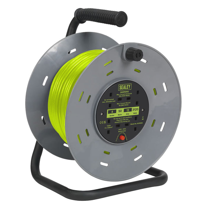 Sealey 50m Cable Reel with Thermal Trip 4 x 230V - Hi-Vis Green BCR50G Sealey  - Dynamic Drive