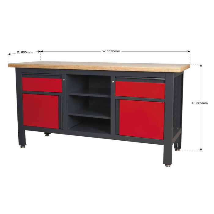 Sealey Workstation with 2 Drawers 2 Cupboards & Open Storage AP1905A Sealey  - Dynamic Drive