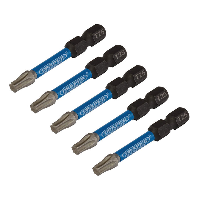 Draper Expert TX-STAR Impact Screwdriver Bits, T25 x 50mm, 1/4" Hex (Pack of 5) Draper  - Dynamic Drive