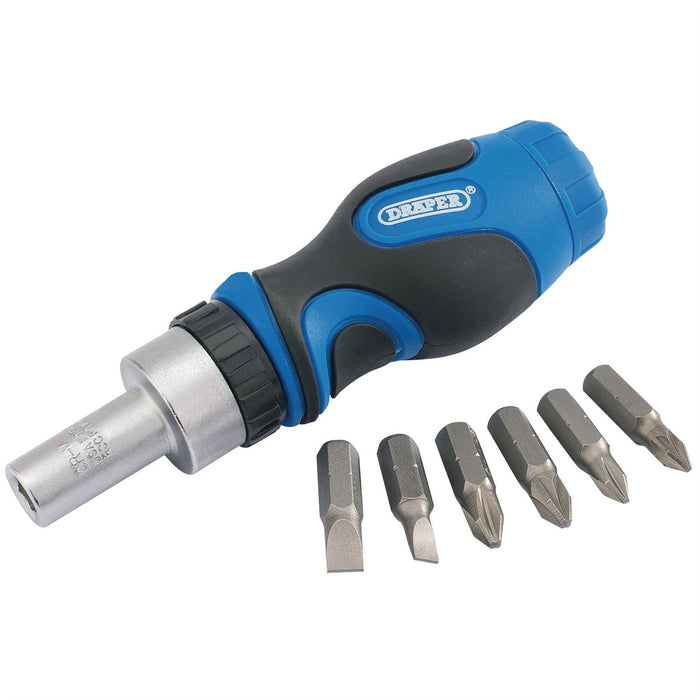 1x 7 Piece Draper Stubby Ratcher Screwdriver & Bit Set With 1/4" Bit Holder Draper  - Dynamic Drive