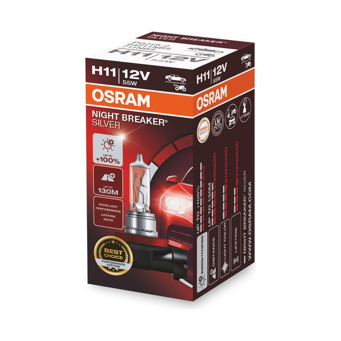 Osram NIGHT BREAKER SILVER H11, +100% more brightness, halogen headlamp, 64211NB