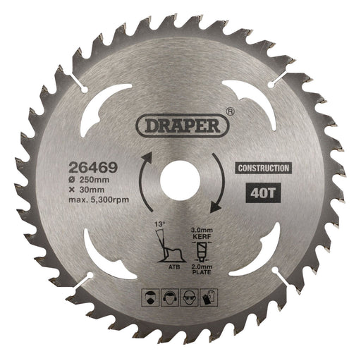 Draper TCT Construction Circular Saw Blade, 250 x 30mm, 40T 26469 Draper  - Dynamic Drive