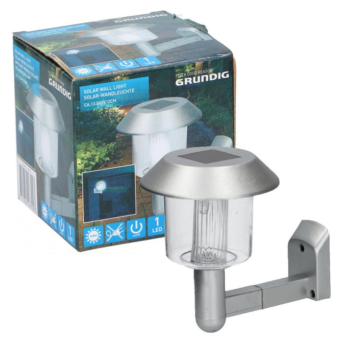 2 x Solar Powered LED Outdoor Garden Fence Wall Chrome Lantern Light Lamp Grundig  - Dynamic Drive