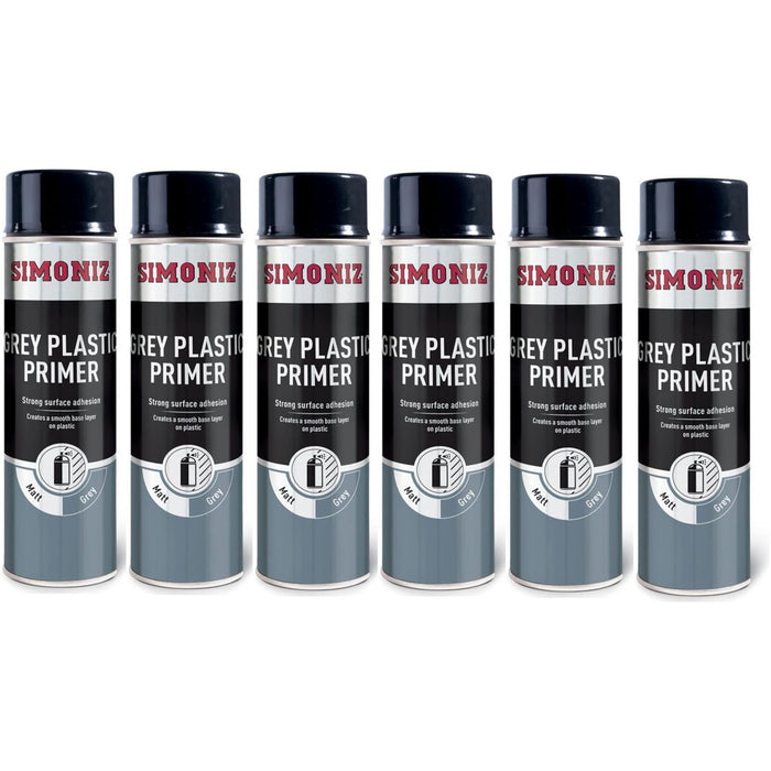 6x Simoniz Grey Plastic Smooth Primer Car Paint Spray Anti Rust Aerosol 500ml Simoniz  - Dynamic Drive