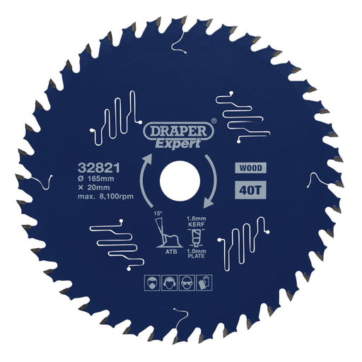 Draper Expert TCT Circular Saw Blade for Wood with PTFE Coating, 165 x 20mm, 40T Draper  - Dynamic Drive