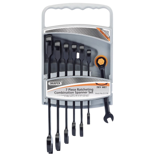 Draper HI-TORQ Metric Ratcheting Combination Spanner Set, Black (7 Piece) Draper  - Dynamic Drive