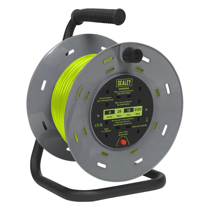 Sealey 25m Cable Reel with Thermal Trip 4 x 230V - Hi-Vis Green BCR25G Sealey  - Dynamic Drive