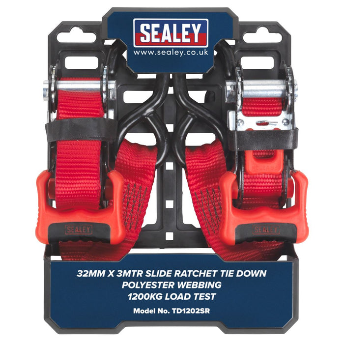 Sealey 2pk 32mm x 3m Slide Ratchet Tie Down Straps Load Cargo Lash S Hooks Sealey  - Dynamic Drive